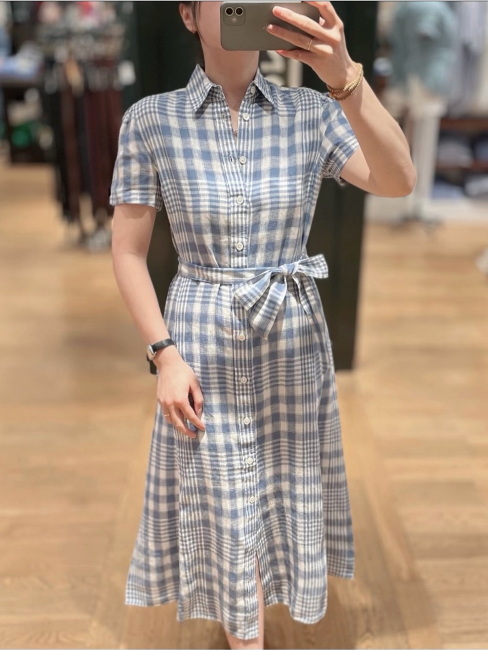 Polo Ralph Lauren Blue and White Plaid Midi Shirt Dress with Tie Waist